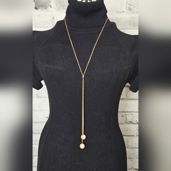 Faux Pearl Gold Tone Lariat Necklace Adjustable - Picture 2 of 6